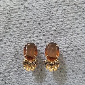 Vintage Amber Brown Rhinestone  Gold Tone Clip On Earrings